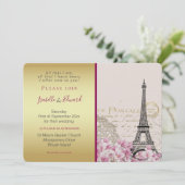 Vintag rosa Blüten Eiffelturm Gold & Burgund Einladung (Stehend Vorderseite)