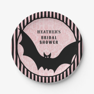 Vintag rosa Damask   Halloween-Bat-Brautparty Pappteller