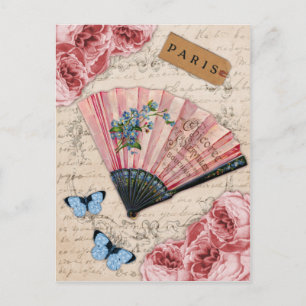 Vintag rosa französischer Lüfter Postkarte