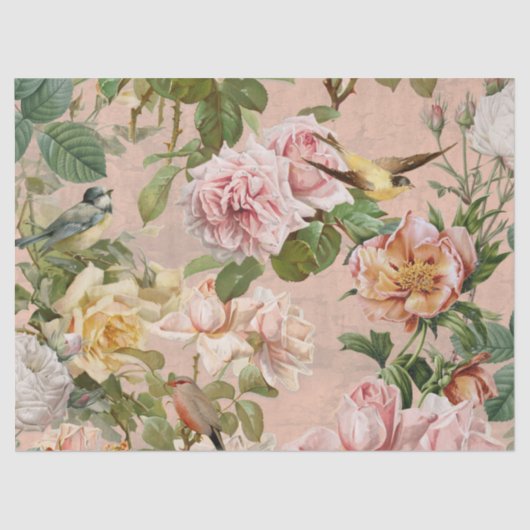 Vintag Rosa Gelbe Rosen Botanische Vögel Seidenpapier (Vorderseite)