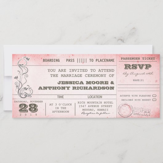 Vintag rosa Hochzeit Boarding Pass Einladungen (Vorderseite)