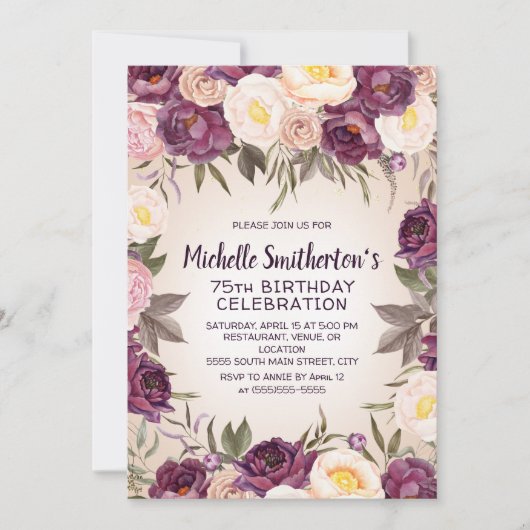 Vintag Rosa Lila Blüte 75. Geburtstag Einladung (Vorderseite)