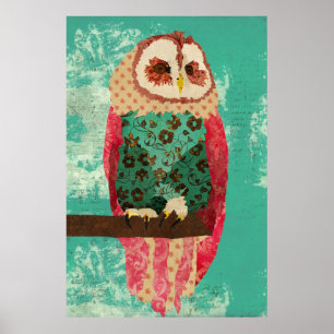 Vintag Rosa Owl Türkis Art Poster