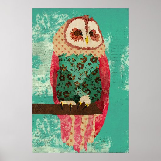 Vintag Rosa Owl Türkis Art Poster (Vorne)