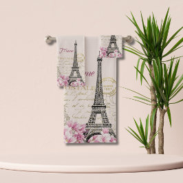 Vintag-Rosa-Paris-Eiffelturm Romantische Collage Badhandtuch Set
