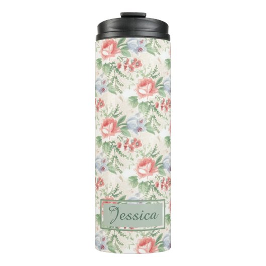 Vintag rosa Rose Blume Muster Personalisiert Thermosbecher (Vorderseite)