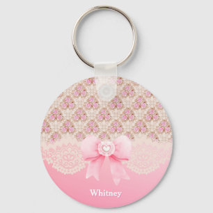 Vintag rosa Rose, Streifen und Spitzen, Monogramm Schlüsselanhänger
