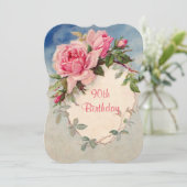 Vintag, rosa Rosen, 90. Geburtstag, Einladung (Stehend Vorderseite)