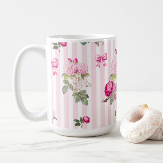 Vintag rosa Rosen Coquette Bow Streifen Kaffeetasse (Mit Donut)
