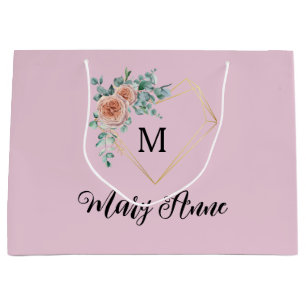 Vintag rosa Rosen Golden Heart Monogramm und Name Große Geschenktüte
