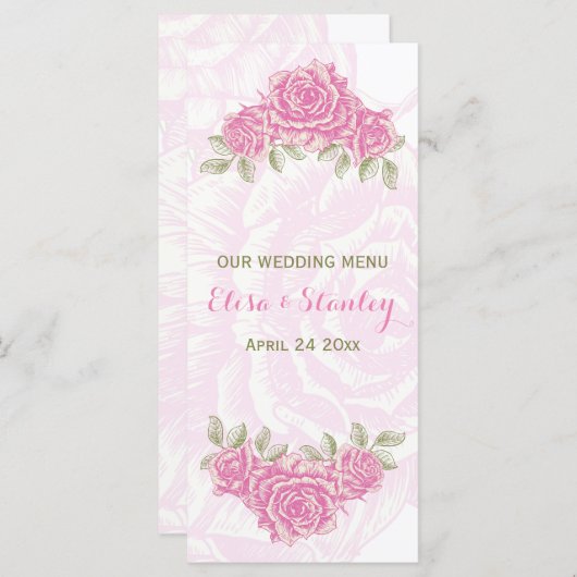 Vintag rosa Rosen Hochzeitskarte Menükarte (Vorne/Hinten)