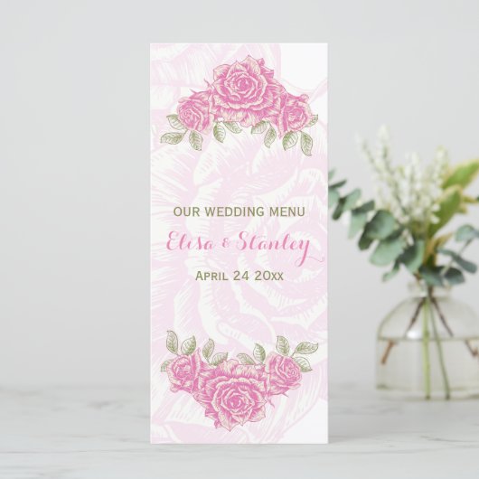 Vintag rosa Rosen Hochzeitskarte Menükarte (Stehend Vorderseite)