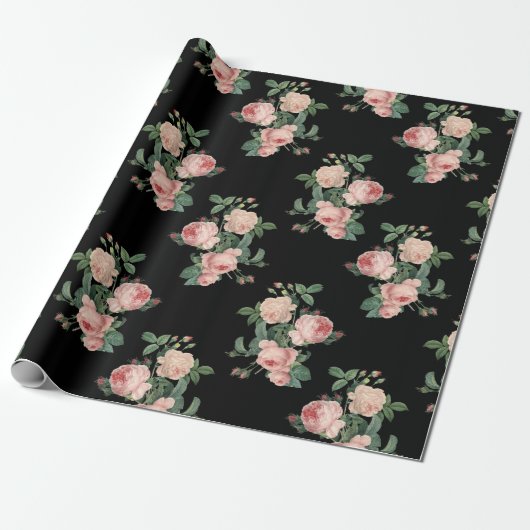 Vintag rosa Rosen in Schwarz Geschenkpapier (Ungerollt)
