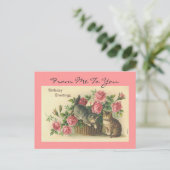 Vintag rosa Rosen/Katzen Geburtstag - Postkarte (Stehend Vorderseite)