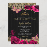 Vintag rosa Rosen Schwarze goldene Spitze Sweet 16