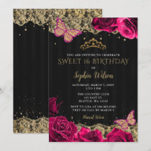 Vintag rosa Rosen Schwarze goldene Spitze Sweet 16
