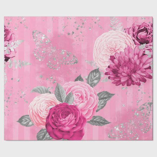Vintag Rosa Rosen Silberner Glitzer Schmetterlinge Geschenkpapier (Saum)