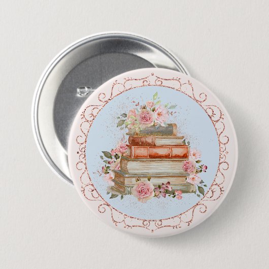 Vintag rosa Rosen und Bücher Button (Vorne & Hinten)