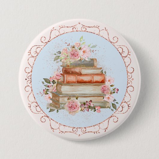 Vintag rosa Rosen und Bücher Button (Vorderseite)