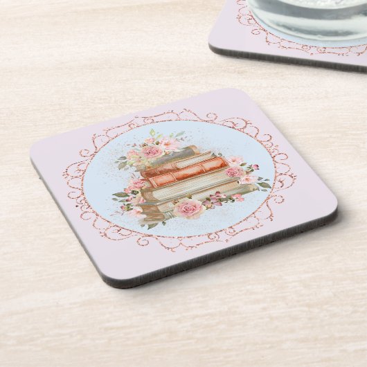 Vintag rosa Rosen und Bücher Getränkeuntersetzer (Linke Seite)