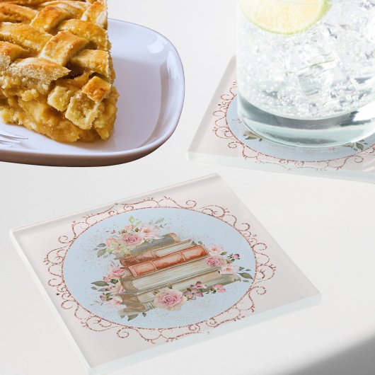 Vintag rosa Rosen und Bücher Glasuntersetzer