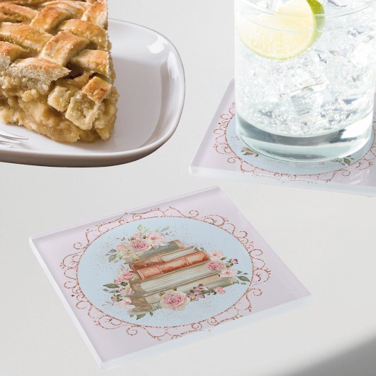 Vintag rosa Rosen und Bücher Glasuntersetzer