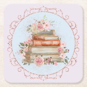 Vintag rosa Rosen und Bücher Rechteckiger Pappuntersetzer (Vorderseite)