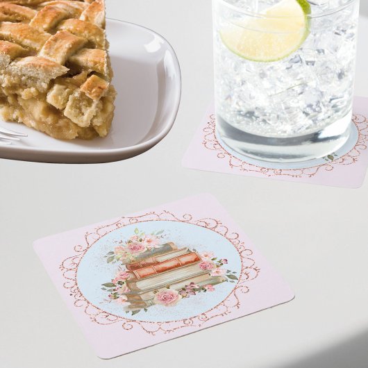 Vintag rosa Rosen und Bücher Rechteckiger Pappuntersetzer