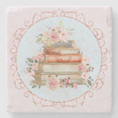 Vintag rosa Rosen und Bücher Steinuntersetzer (Vorderseite)