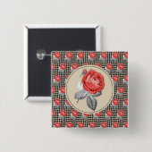 Vintag rosa Rosen und Hahnentrittmuster Button (Vorne & Hinten)