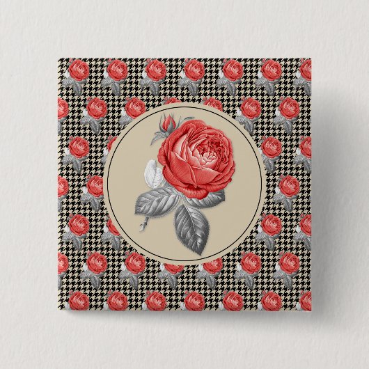Vintag rosa Rosen und Hahnentrittmuster Button (Vorderseite)