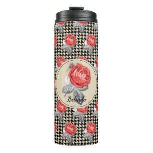 Vintag rosa Rosen und Hahnentrittmuster Thermosbecher