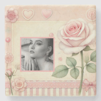 Vintag rosa Rosenherzen Blumenbeete Foto Aquarell Steinuntersetzer