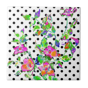 Vintag rosa Rosenschwarz-Weiß-Polka-Punkte Fliese