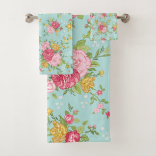 Vintag rosa Roses Bouquet Blumenmuster Aqua Badhandtuch Set