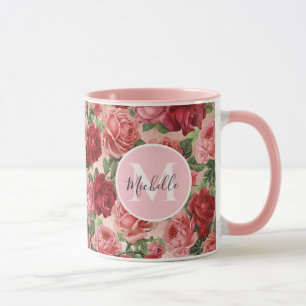 Vintag rosa Rote Rose Floral Monogrammatikalisch Tasse