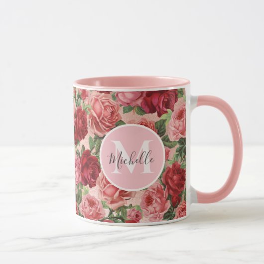Vintag rosa Rote Rose Floral Monogrammatikalisch Tasse (Rechts)