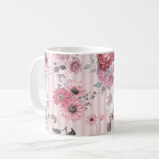 Vintag rosa Streifen-Muster Kaffeetasse (Vorderseite Links)