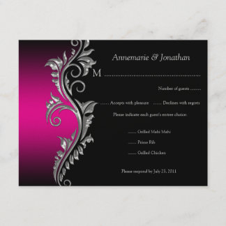 Vintag rosa und schwarz mit silberfarbenem Swirl-U RSVP Karte