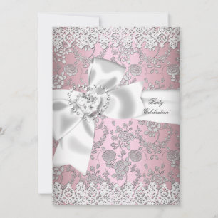 Vintag rosa weiße Leine Damask Floral 3 Einladung