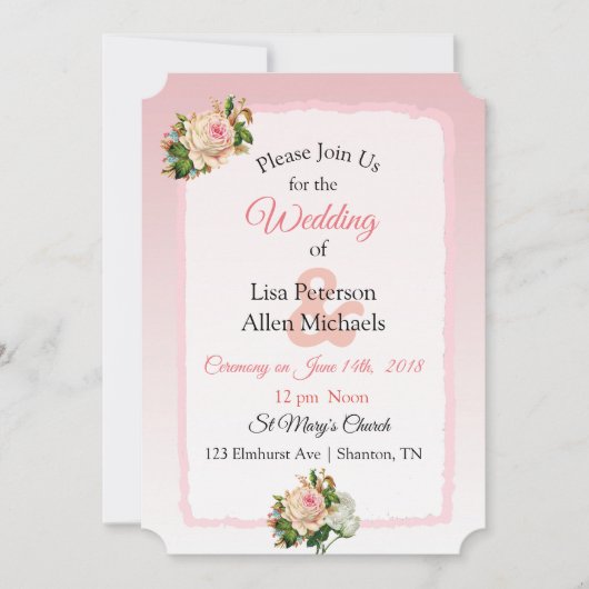 Vintag Rose Rosa Strippenblütenhochzeit Einladung (Vorderseite)