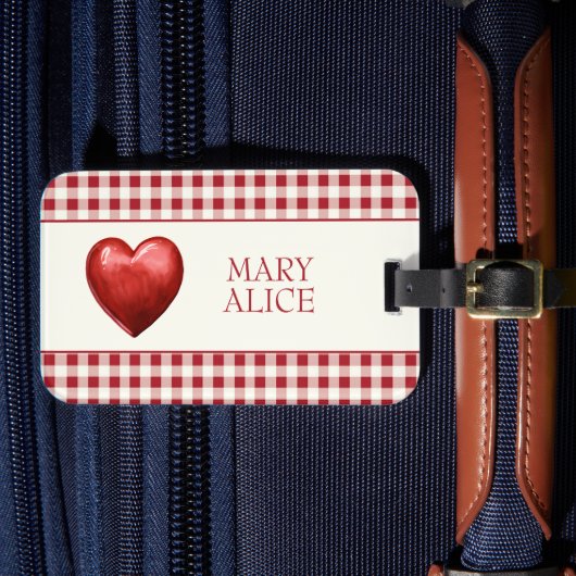 Vintag Rot und Cream Gingham mit Herz Gepäckanhänger (Vorderseite Insitu 4)