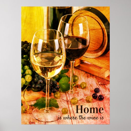 Vintag Rot und Weiß Weingläser Trauben Eiche Poster (Vorne)