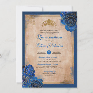 Vintag Royal Blue Gold Rose Royal Quinceanera Einladung