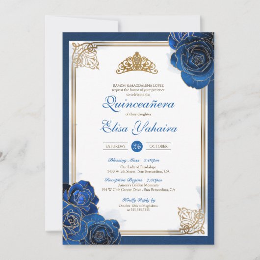 Vintag Royal Blue Gold Rose Royal Quinceanera Einladung (Vorderseite)