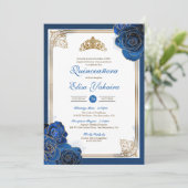 Vintag Royal Blue Gold Rose Royal Quinceanera Einladung (Stehend Vorderseite)