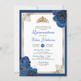 Vintag Royal Blue Gold Rose Royal Quinceanera Einladung