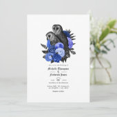 Vintag Royal Blue Owls Gothic Wedding Einladung (Stehend Vorderseite)