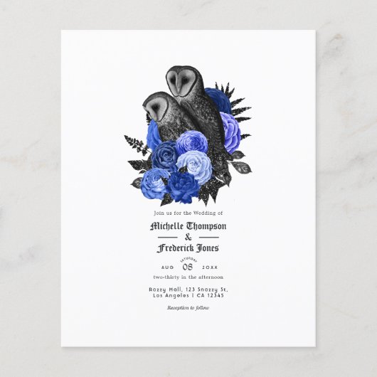 Vintag Royal Blue Owls Gothic Wedding Einladung Flyer (Vorne)