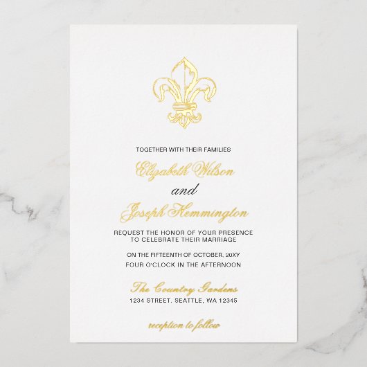 Vintag Royal Gold French Lilie Wedding Folieneinladung (Vorderseite)